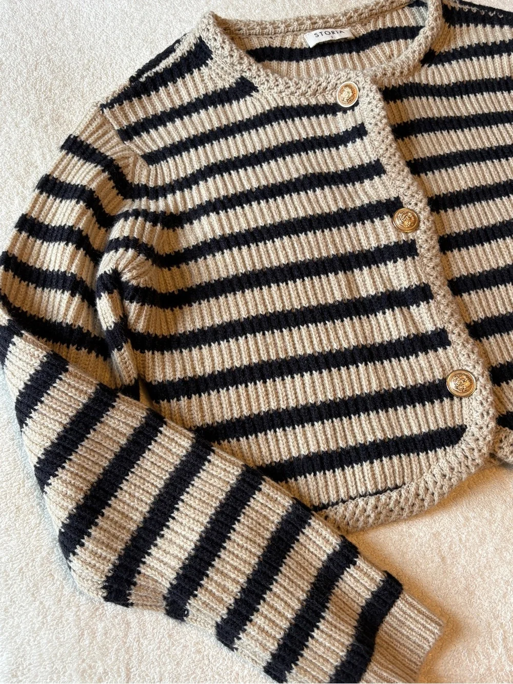 Storia Black & Tan Striped Cropped Cardigan, Gold Buttons, Women’s Sz Small